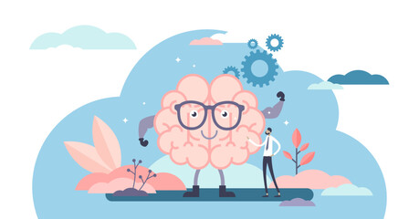 Fit brain cartoon character, flat tiny person illustration concept, transparent background. Sharp mind and solving problems power. Human mental strengths and modern neurology science.