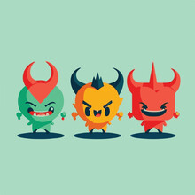 Adorable Kiddy Cartoon Cute Funny Devil Devilish Evil Luficer Halloween Horn Magical Fly, Muzzle With Faces And Winking Eyes, Pastel Bright Colors, Collection Set, Children Illustration, Wallpaper