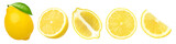 lemon fruit with leaves, slice, and half isolated, Fresh and Juicy Lemon, transparent png, PNG format, cut out