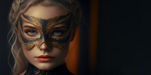 Carnival Banner Mardi Gras Blond Young Woman Wearing Venetian Mask Looking At Camera Portrait  Copy Space. Generative AI