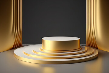 Poster - Golden presentation studio display backdrop showcase with gold podium product advertising stage background platform or empty luxury pedestal exhibition scenario. Generative AI