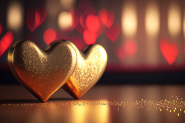 Two gold hearts on glitter luxury room bokeh abstract background. Love and valentine day concept. Generative AI