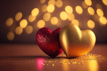 Two gold hearts on glitter luxury room bokeh abstract background. Love and valentine day concept. Generative AI