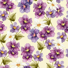 Seamless Pattern With Purple Spring Flowers, Watercolor Illustration.