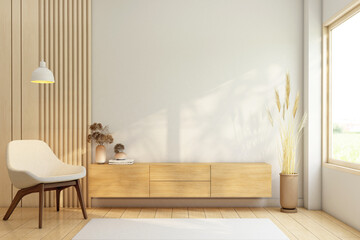 Wall Mural - Japandi style living room decorated with wood tv cabinet and wood slat wall. 3d rendering