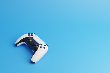 Poster - Gamepad on a blue background with copy space. Joystick for video game. Game controller. Creative Minimal Gaming concept. 3D rendering illustration