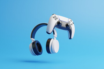 Wall Mural - Flying gamepad and headphone on a blue background with copy space. Joystick for video game. Game controller. Creative Minimal Gaming concept. Front view. 3D rendering illustration