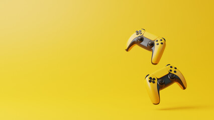 Poster - Flying gamepad on a yellow background with copy space. Joystick for video game. Game controller. Creative Minimal Gaming concept. Front view. 3D rendering illustration