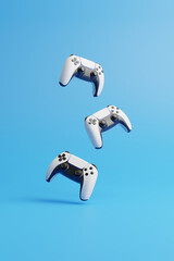 Poster - Flying gamepad on a blue background with copy space. Joystick for video game. Game controller. Creative Minimal Gaming concept. Front view. 3D rendering illustration