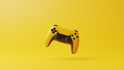 Poster - Flying gamepad on a yellow background with copy space. Joystick for video game. Game controller. Creative Minimal Gaming concept. Front view. 3D rendering illustration