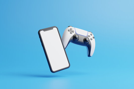 Flying gamepad and phone on a blue background with copy space. Joystick for video game. Game controller. Creative Minimal Gaming concept. Front view. 3D rendering illustration