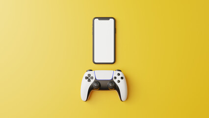 Poster - Gamepad and phone on a yellow background with copy space. Joystick for video game. Game controller. Creative Minimal Gaming concept. Top view. 3D rendering illustration