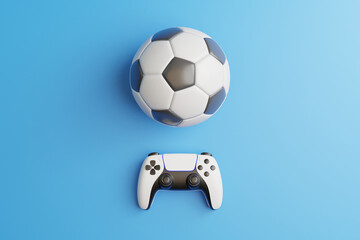 Poster - Gamepad and soccer ball on a blue background with copy space. Joystick for video game. Game controller. Creative Minimal Gaming concept. Top view. 3D rendering illustration