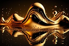  A Liquid Splashing On Top Of A Black Surface With Gold Bubbles And Water Droplets On It, With A Black Background With A Reflection Of A Gold Wave And A Black Background With A., Generative Ai