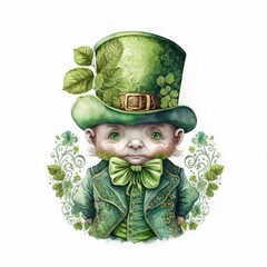  a watercolor painting of a lepreite with a green hat and green pants and a green bow tie and a green jacket with a shamrock leaf on it's head and a white background., generative ai