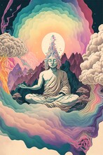  A Buddha Statue Sitting In The Middle Of A Mountain With Clouds And A Rainbow Sky Behind It, With A Rainbow Hued Mountain In The Background And A Rainbow Hued Sky With Clouds., Generative Ai