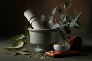 Leaves of eucalyptus and a white mortar and pestle. ingredients for natural cosmetics and complementary medicine. notion of beauty and spa. Generative AI