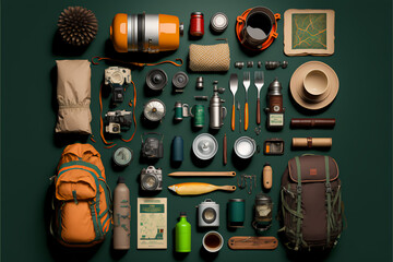 knolling photography of camping equipment