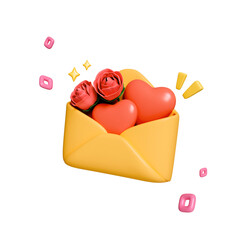 Poster - Valentine day greeting concept. Envelope and red hearts and roses isolated on pink background. clipping path. 3d render illustration