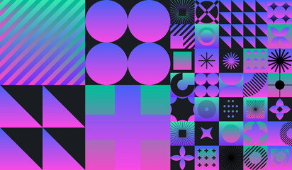Poster - Creative abstract collage of different forms and shapes in neon gradient color palette. 