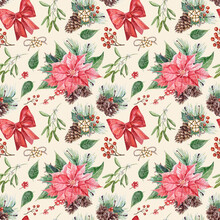 Watercolor Hand-painted Holiday Seamless Pattern. New Years`pattern With Poinsettia Flowers, Red Bows, Holly, Mistletoe And Pine Branches, Pine Cones, And Berries On A Yellow Background.