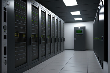 Poster - the data center has a room with rows of server hardware. generative ai