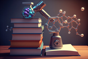 Wall Mural - Science and education concept with books, a replica of a molecule, and a microscope on a desk in the auditorium. Generative AI