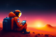 Astronaut Taking A Selfie With A Big Smartphone In Mars. Generative AI