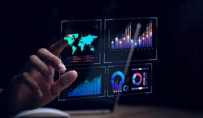 Wall Mural - businessman working with business Analytics and Data Management System on computer, online document management and metrics connected to database. Corporate strategy for finance, operations, sales..