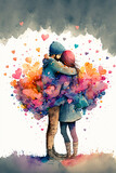 Fototapeta Panele - Couple in love hugging and kissing. Young love. ai generated. Watercolor illustration of kissing and hugging couple surrounded by hearts. Romantic date. Valentine's day card
