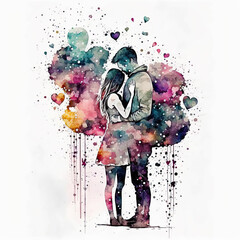 couple in love hugging and kissing. young love. ai generated. watercolor illustration of kissing and