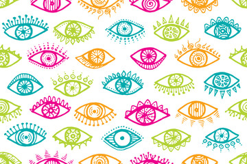 Wall Mural - Doodle open eyes stylish endless pattern. Pop art