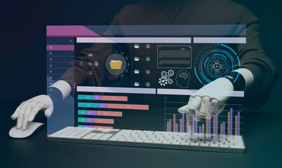 artificial intelligence using laptop analyzing and development at various information on futuristic virtual interface screen. Algorithm. marketing and deep learning of artificial intelligence