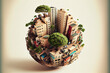 Miniature planet as concept for chaotic urban life isolated with clipping path