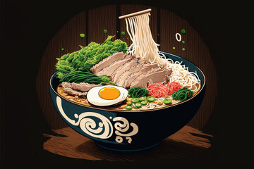 Wall Mural - A steaming bowl of creamy, comforting ramen, adorned with a soft-boiled egg, green onions, and thinly sliced pork belly