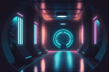 Poster - Illustration of a Large Hallway in a Dark Futuristic Science Fiction World with Lights and a Circle Shaped Neon Light. Generative AI