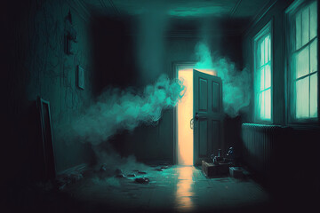 Wall Mural - Conceptual illustration of a fume filled, dark room. Generative AI