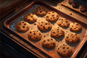 Wall Mural - A tray of freshly baked, golden-brown cookies, still warm from the oven and oozing with gooey, melted chocolate chips