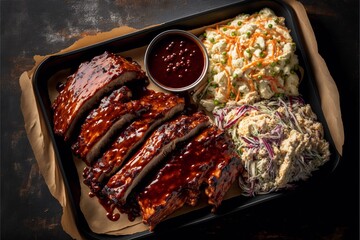 Wall Mural - A tray of perfectly cooked, tender ribs, glazed with a BBQ sauce, with a side of creamy coleslaw and buttery mashed potatoes