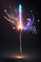 Magic wand casting spells. Violet and golden light on dark background. Generative ai.