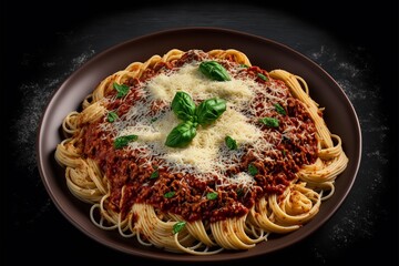 Wall Mural - A bowl of rich, flavorful Bolognese sauce, served over a bed of perfectly cooked pasta and garnished with a sprinkle of fresh, grated Parmesan cheese