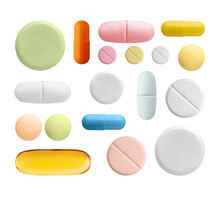 Set Of Different Colourful Pills Isolated On White Or Transparent Background. Pharmacy, Pharmacology, Medicine.