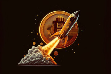 Wall Mural - rocket launcher in the bitcoin logo represents cryptocurrencies. breaking news and the rising rate o