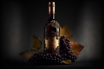 Wall Mural - A vintage bottle of red wine, nestled among a bed of dark grapes with emphasis on its age and authenticity