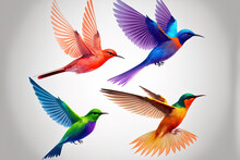 Set Of Color Birds In Flight Isolated On A White Background. Generative AI
