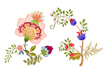 Wall Mural - Fantasy flowers in retro, vintage, jacobean embroidery style. Element for design. Vector illustration.
