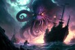 A giant purple octopus kraken monster attacking pirate ships in the dark ocean from the sky, generative ai