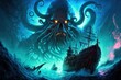 A huge and scary octopus kraken monster behind a pirate ship in a dark blueish ocean, generative ai