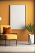 Móveis em tons quentes em uma casa moderna minimalista, uma maquete de moldura de madeira vertical vazia sem espaço para cópia e um interior renderizado em 3D