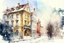 Watercolor Painting Of A Winter City With Snow-covered With Snow,mural ,ai, Generative AI